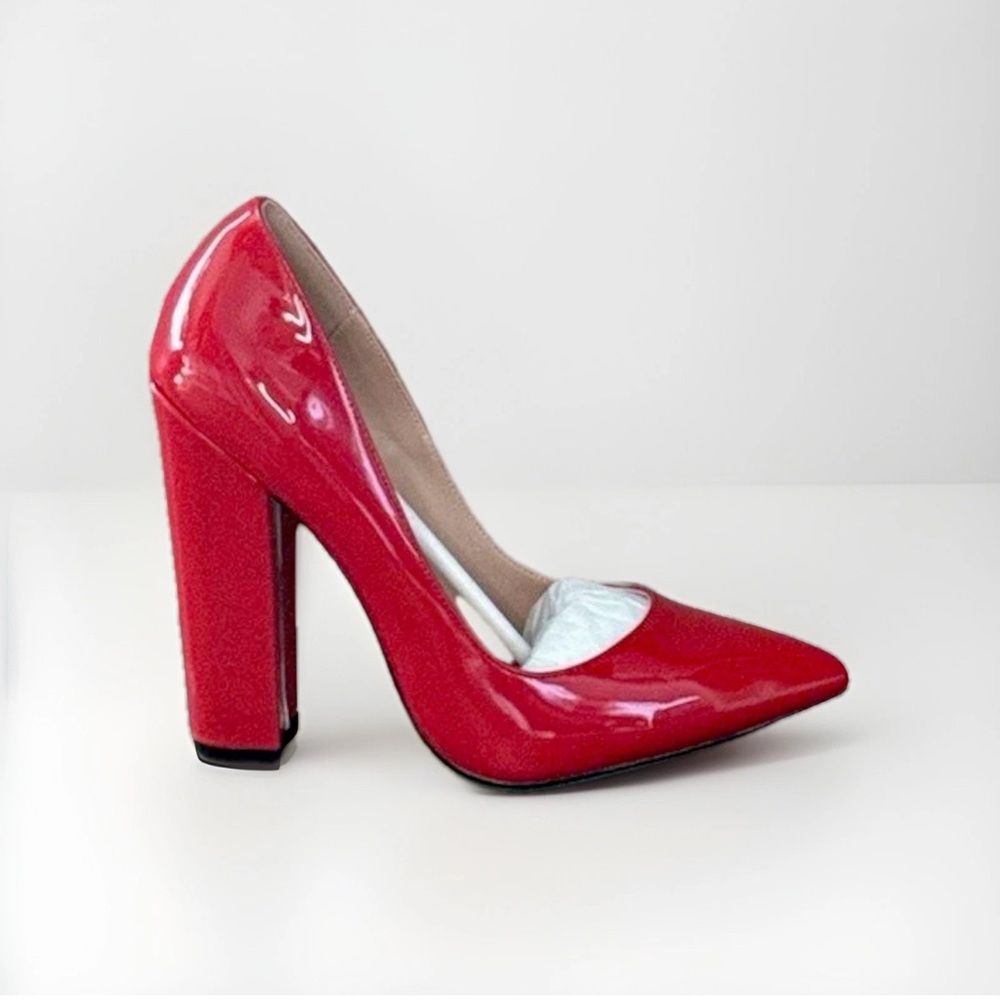 🆕 New Red Patent Pointed Toe Block Heel Pumps | Size 6